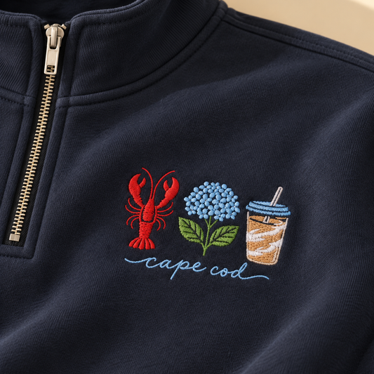 Cape Cod Embroidered Icons Quarter-Zip, Lobster Hydrangea Iced Coffee